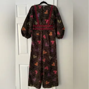 Anthropologie x Farm Rio Jumpsuit M NWT Deep-V Hearts Print Wide-Leg thumbnail 10