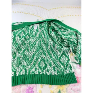Anthropologie Maeve Green White Ikat Intarsia Knit Lattice Sleeve‎ Cardigan S thumbnail 4