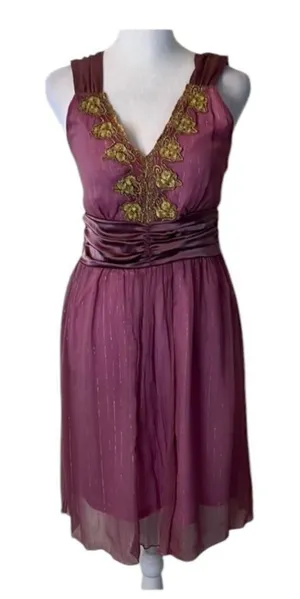 Star Model size small purple mini dress with gold accents and satin ribbon GUC thumbnail 1