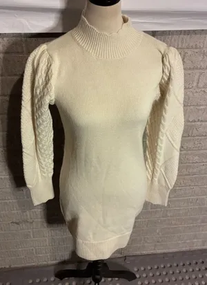 BB Dakota‎ Steve Madden Ivory Cable Knit Puff Sleeve Mock Neck Sweater Dress S thumbnail 1