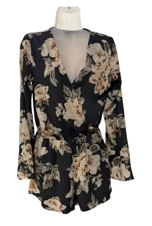 Lulus Floral Romper Womens Small‎ Black Excellent Long Bell Sleeve V-Neck Boho thumbnail 1