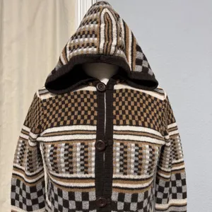 Vans Rare Retro Hooded Cardigan Sweater Brown Checkerboard Geometric Knit Size M thumbnail 5