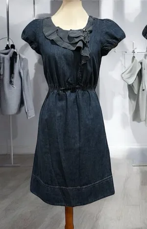 Maeve by Anthropology Extra Small Ruffle Neck Denim Dress thumbnail 1
