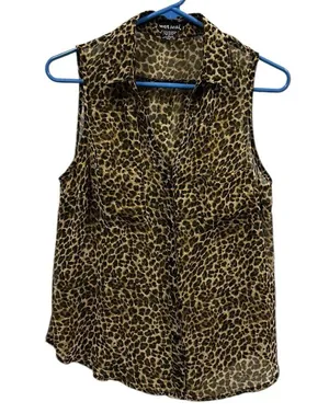 Wet Seal Animal Print Button Up Sleeveless Semi Sheer Pocket Blouse Top Womens L thumbnail 4