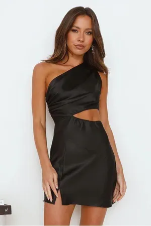 Hello Molly Satin One Shoulder Mini Dress Black NWT thumbnail 1