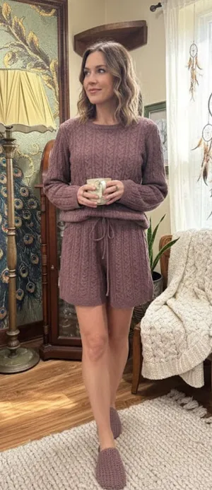 Pink Rose Boho Cable Knit Sweater & Shorts Lounge Set Mauve Pink Large NWOT thumbnail 1