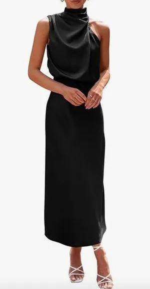 NEW Satin Elegant Sleeveless Mock Neck Cocktail Maxi Dress L thumbnail 1