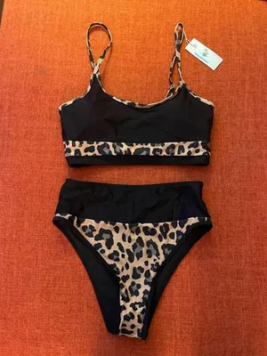 💛NWT Patchwork Leopard Print High Waisted Bikini Set, Size Medium Black thumbnail 3