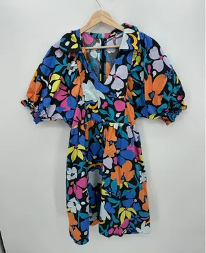 Floral‎ Maximalist Mini Dress Women Sz L Collar Bright Summer Puff Cotton thumbnail 1