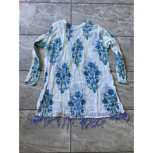 Roller Rabbit Blue Floral Block Print Cotton Tunic Top Tassels Womens Medium thumbnail 6