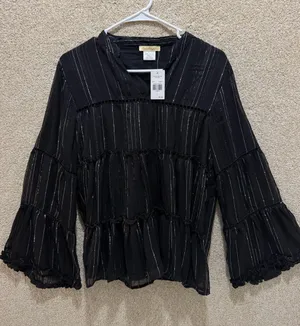 NWT Black bell sleeve top sheer sleeves silver festival glam rock goth Halloween thumbnail 1