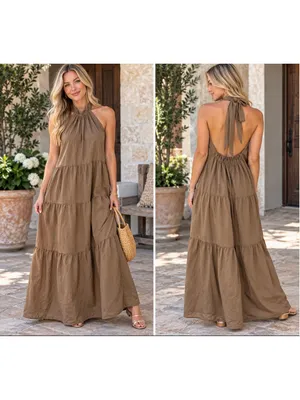 Women's Theory Petite Maxi Dress Brown Tiered Halter Neck thumbnail 2