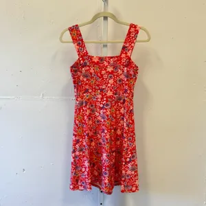 SO Red Floral Square Neck Mini Dress XS Sleeveless Fit & Flare Summer Boho Soft thumbnail 2