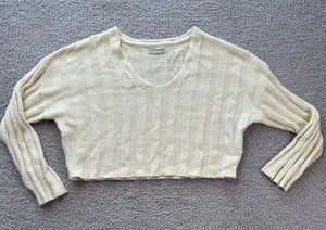 Urban Outfitters Cream Ribbed Knit Cropped V Neck Sweater Long Sleeve Size S thumbnail 1