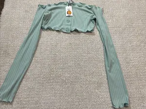 Ribbed Off-Shoulder Button Crop Top in Sage Green Size S Shell 91% Tencel thumbnail 2