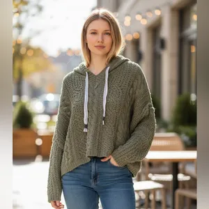 Pol Oversize Olive Green Chunky Knit Olive Sweater with Hoodie and Ties. Nubby thumbnail 10