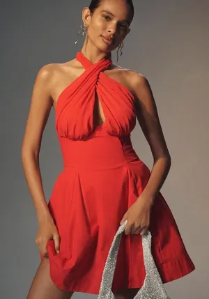Maeve by Anthropologie Twist Halter Tie-Neck Mini Dress in red size small thumbnail 1