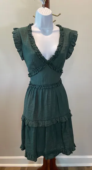 Pinch Dark Green Ruffle Trim Dress Size L Flutter Sleeve V‑Neck thumbnail 1