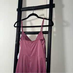 More to Come Adonia Pink Satin Wrap Midi Dress With Cowl Neckline And Tulip Hem thumbnail 9
