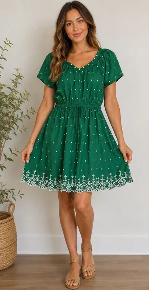 2097 | LOFT Boho Eyelet Embroidered Scallop Hem Cotton Dress Green Womens L thumbnail 1