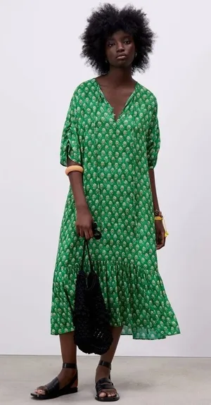 Zara Green Block Print Floral Hem Midi Dress XS Boho Prairie Cottage Relaxed thumbnail 1