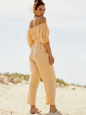 Free People Peach Off-Shoulder Tie-Waist Jumpsuit thumbnail 2