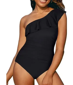 Hilor Black One Shoulder One Piece Swimsuit Women's Great Condition Size S-M thumbnail 1