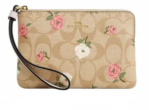 Coach Corner Zip Wristlet Signature Monogram Canvas Gold Light Khaki thumbnail 1