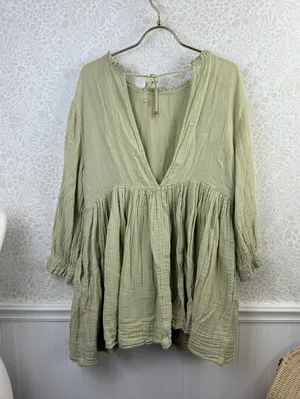 Free People Sage Green 100% Cotton Babydoll Living For It Dress - Size - Small thumbnail 3