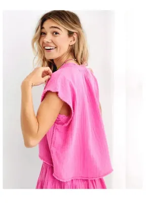 Aerie Pool-To-Party Cropped Shirt Pink Gauze Top Size Medium thumbnail 2