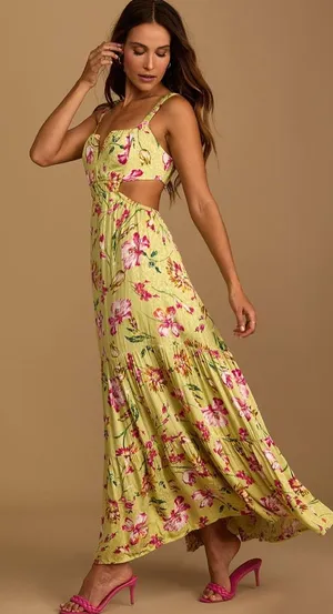 Lulu’s Sweet Statement Chartreuse Floral Print Cutout Maxi Dress Size Medium $89 thumbnail 1