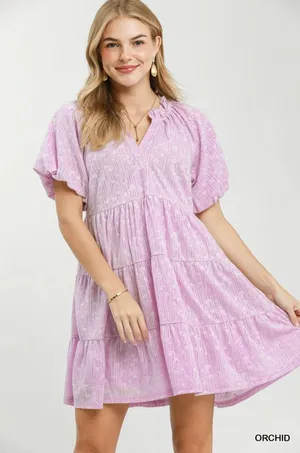 Umgee Jacquard Puff Sleeve Mini Dress - Orchid -‎ Small thumbnail 1