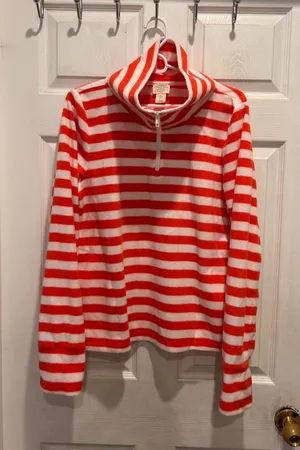 Telluride Clothing Co Women Pink Orange Striped Fleece Quarter Zip Pullover L thumbnail 1