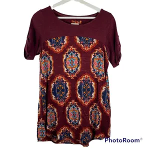 Meadow Rue Size S Top Mixed Media Medallion Print Burgundy Boho Anthropologie thumbnail 2