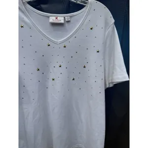 Women's V-Neck Quacker Factory SZ L White Embellished Star Rhinestones Gold Silv thumbnail 3