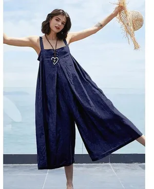 NEW Oversized Cotton Sleeveless Cotton Jumpsuit Adjustable Straps M Navy Blue thumbnail 11