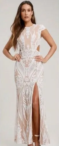 Ryse Emily Cutout Sequin Maxi Gown M White Nude Illusion Formal Slit NWOT thumbnail 1