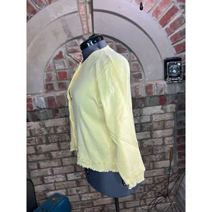 Christopher & Banks cardigan sweater ruffle hem heart button yellow thumbnail 4