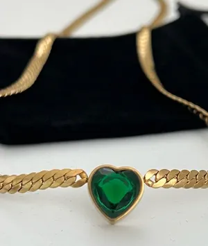 18K Gold Plated Green Heart snake chain Necklace Stainless Steel womens jewelry thumbnail 1
