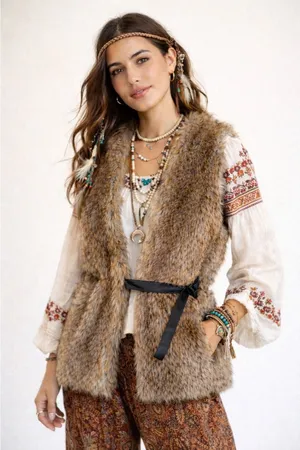 Dolan Faux Fur Vest Women Small Brown Tan Belted Sleeveless Mob wife Boho‎ thumbnail 1