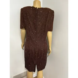 Stenay Vintage Brown Silk Beaded Sequin Sheath Cocktail Dress XL Shoulder Pads thumbnail 8