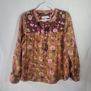 Loft Mixed Media Floral Yoke Blouse M Long Sleeve Split Neck Boho Cottagecore thumbnail 1