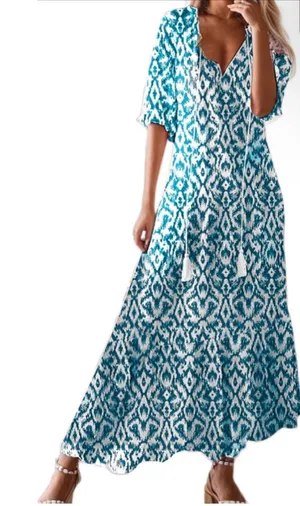 NEW Floral Loose Lightweight Beach 3/4 Ruffle Sleeve Maxi Dress V Neck A Line M thumbnail 1