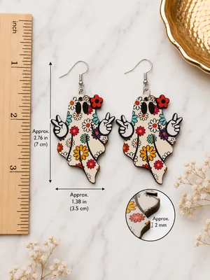 NEW Floral Ghost Dangle Earrings Double-Sided Halloween Boho NWT thumbnail 3