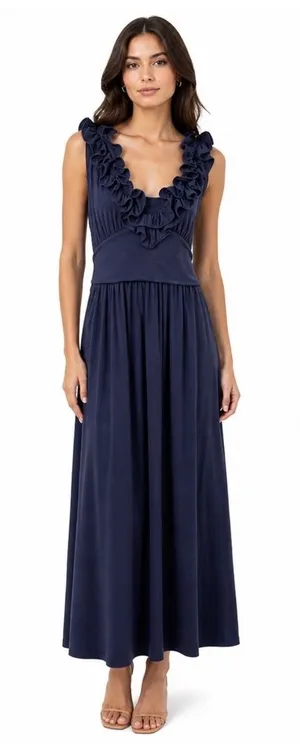 Lilly Pulitzer Navy Blue‎ Ruffle V-Neck Maxi Dress XS Jersey Knit Sleeveless thumbnail 1