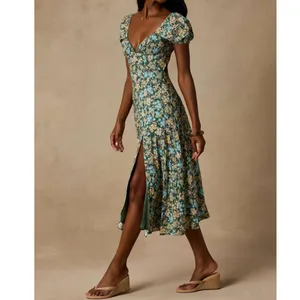 NEW Lulus Meadow Muse Green Floral Tie-Back Puff Sleeve Cottagecore Midi Dress thumbnail 4