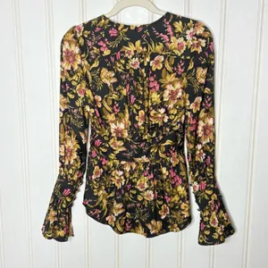 Anthropologie Floral Peplum Blouse V-Neck Button Front Flared Cuff Top Black thumbnail 11