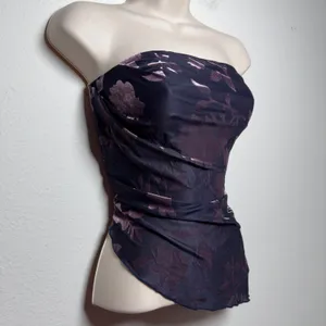 Lulus Womens Tube Top XS Navy Purple Burnout Velvet Floral Asymmetric Strapless thumbnail 2