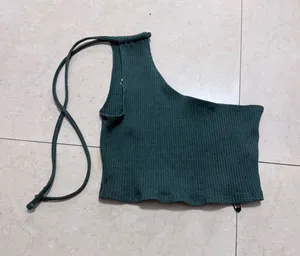 Aerie One-Shoulder Crop Ribbed Top olive green thumbnail 1