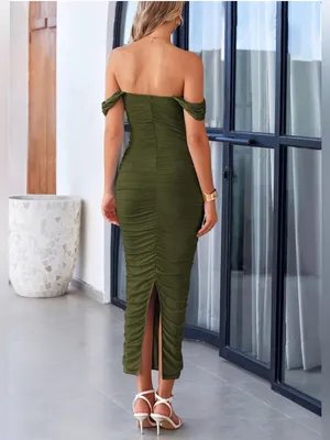 PRETTYGARDEN. Olive Green Ruched Bodycon maxi dress thumbnail 2